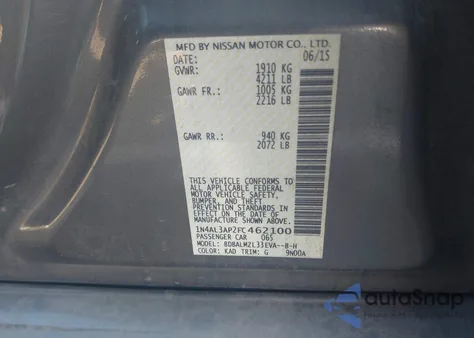 2015 Nissan Altima 2.5 Sv из США, поврежденный, VIN 1N4AL3AP2FC462100